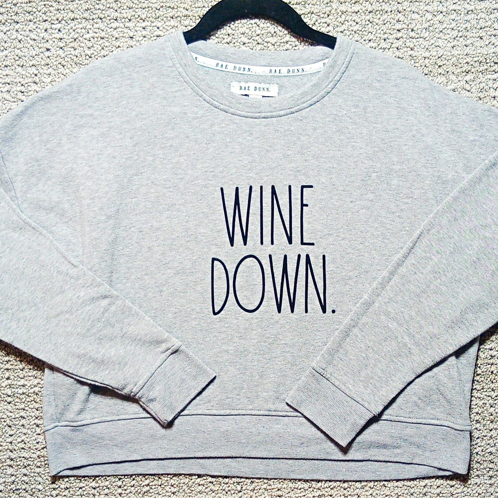 #F2-Rae Dunn Gray Crewneck Pullover Sweatshirt Wine Down Graphic Print Women M
